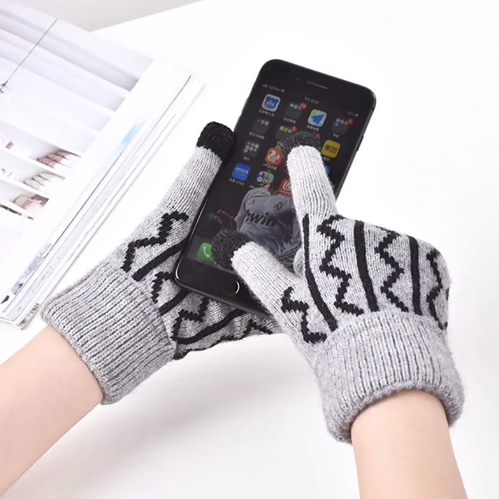

Мужские зимние вязаные перчатки для сенсорного экрана, жаккардовые полосатые ветрозащитные теплые плюшевые эластичные уличные варежки