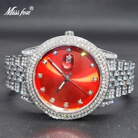 missfox iced out red watch for women famous luxury brands elegant evening dress watches ultra thin auto calendar clock new in