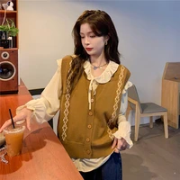 womens knitted vest french contrast color rhombus autumn 2021 new v neck thin outer style cardigan jacket winter vest