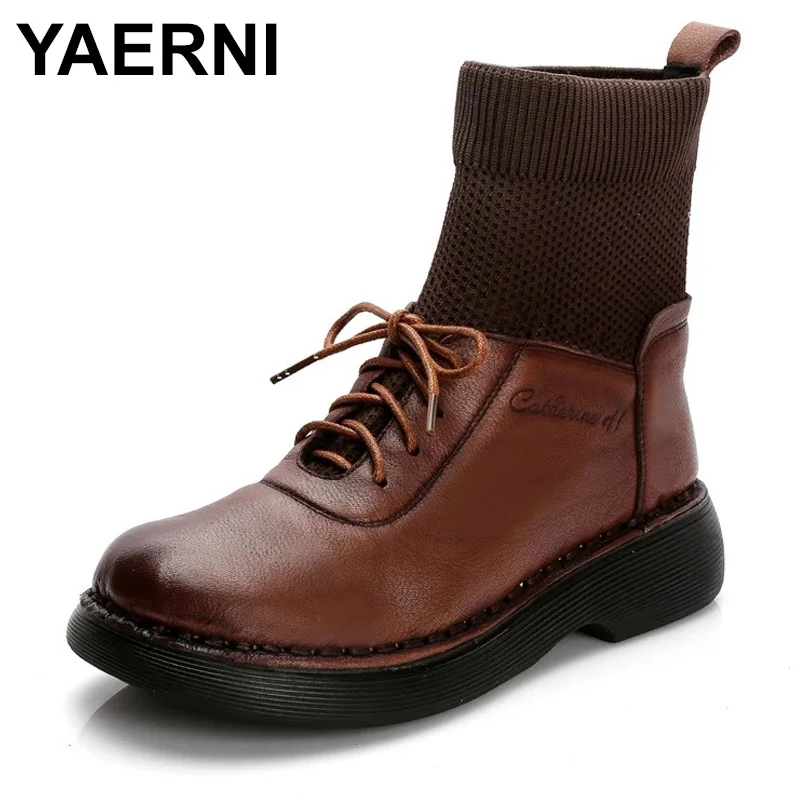 

Женские ботинки YAERNI, новинка осень-зима 2021, высокие сапоги для верховой езды, женские ботинки из воловьей кожи на шнуровке в стиле ретро