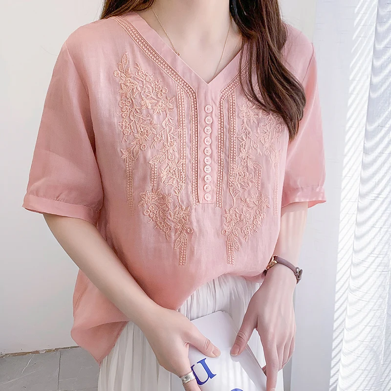 

2021 summer new style Korean fashion V-neck shirt embroidery flower craft casual blouse women