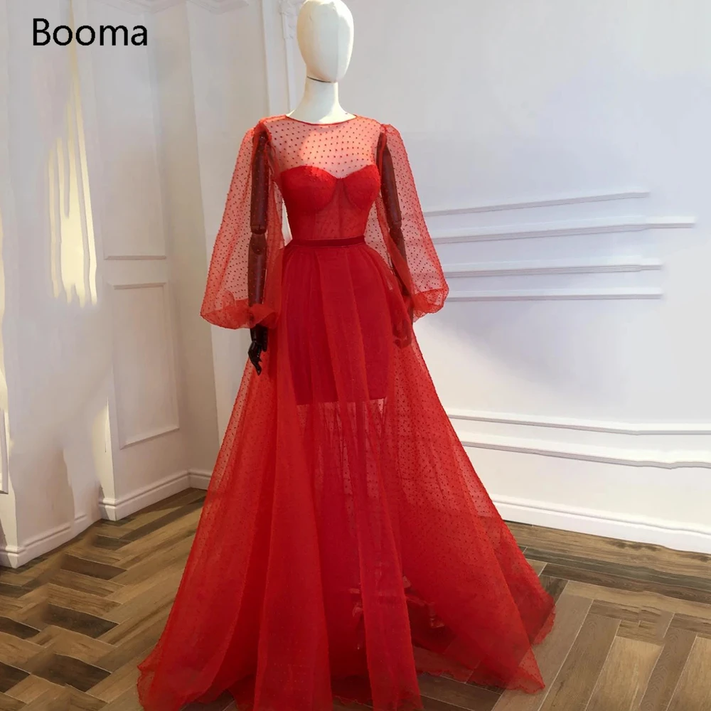 

Booma Red Dots Tulle Prom Dreses Scoop Illusion Long Puff Sleeves Party Dresses Sheer Neckline A-Line Formal Gowns