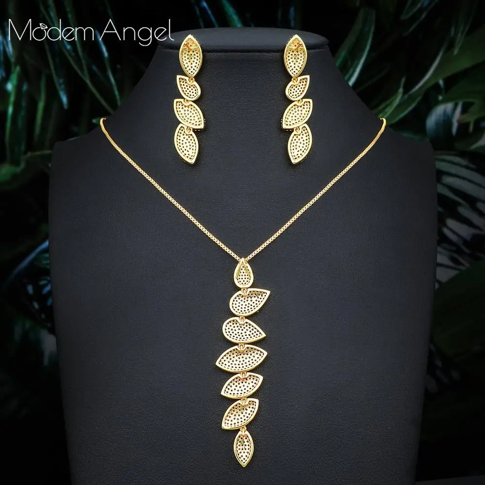 ModemAngel Luxury Geometry Elegant Design Cubic Zirconia Crystal Long Drop Earring Necklace Vintage Jewelry Set for Women | Украшения и