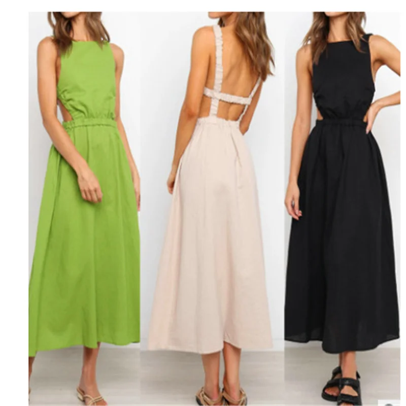 

2021 Hirigin Women Sexy Straps Backless Maxi Dress Crew Neck Sleeveless Elastic Waist Solid Color A-line Dress Clothing