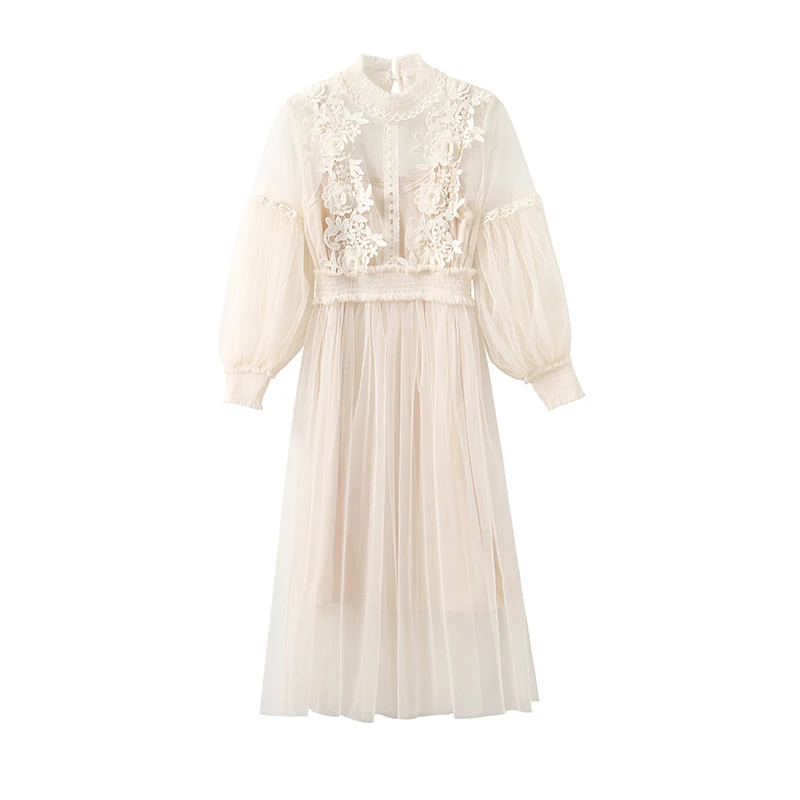 Женское Сетчатое платье с воротником стойкой прозрачное кружевное рукавами