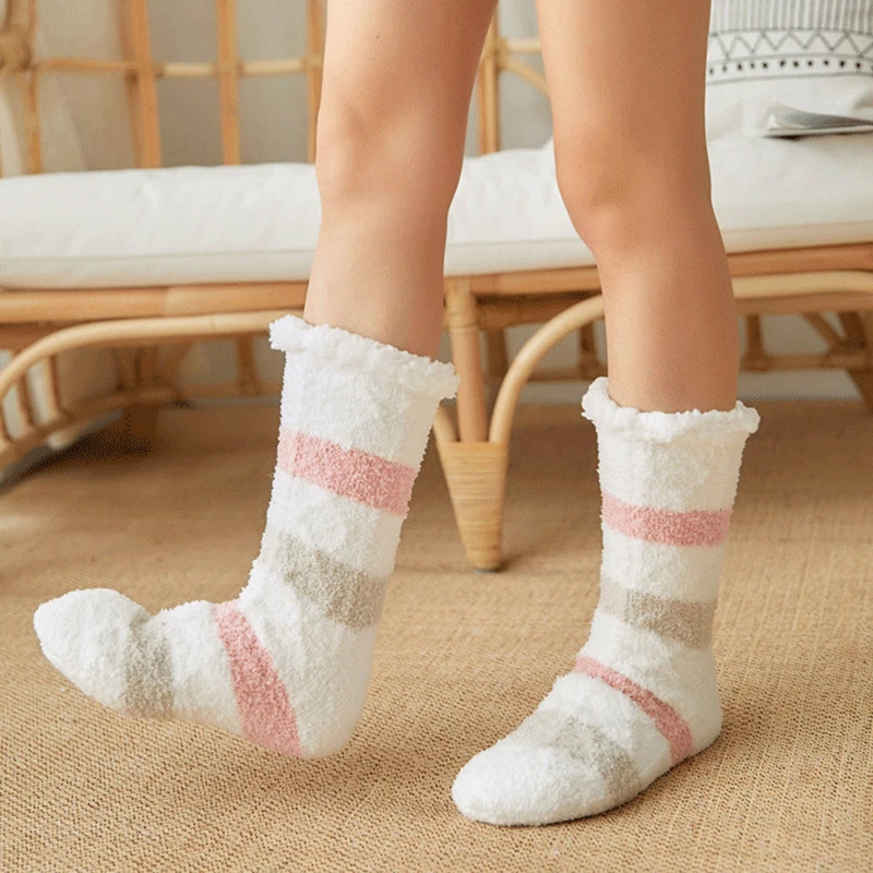 

Thicken Home Floor Socks Non-Slip Coral Tube Socks Coral fleece Striped Print Casual Slippers Socks Slrrpings Winter Warm Socks