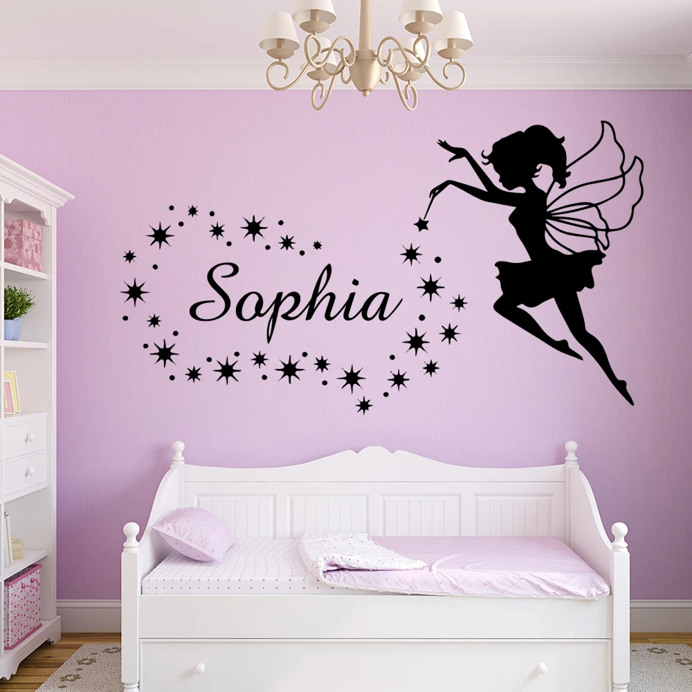 Fairy Custom Name Wall Sticker Angel Stars Wall Decals For Girls Bedroom Decor Nursery Kids Room Wallpaper Sticker Mural