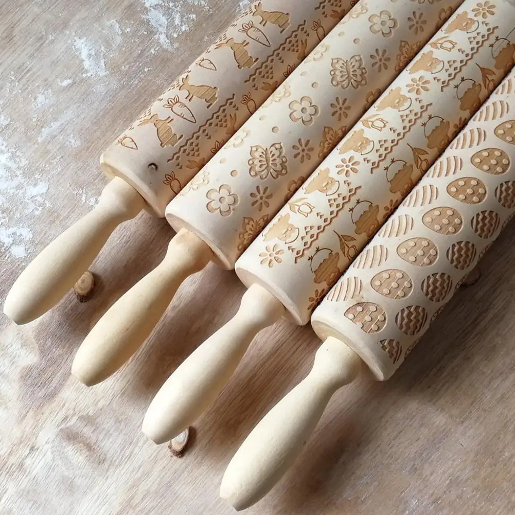 

Easter Day Embossing Wood Rolling Pin for DIY Baking Cookies Noodle Biscuit Fondant Cake Engraved Stencil Tool