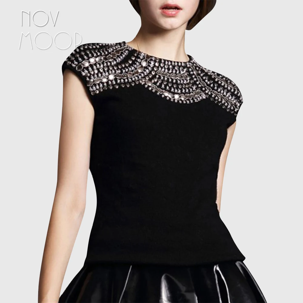 

Женская трикотажная футболка, черная, серая хлопковая декоративная футболка с бисером и коротким рукавом, женские футболки, LT572