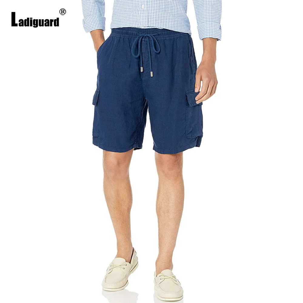 Ladiguard Men Casual Shorts Summer New Lace-up Skinny Beach Shorts Navy White Multi-pocket Short Pants Sexy Mens Clothing 2021