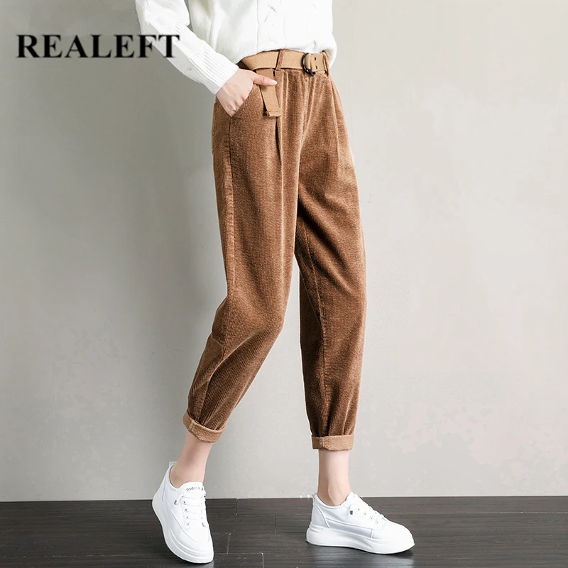 REALEFT Новое поступление повседневные Вельветовые женские штаны с поясом