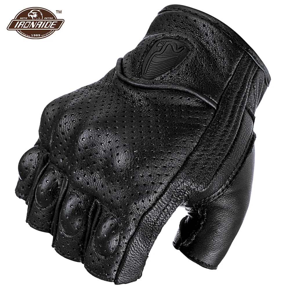 Breathable Fingerless Gloves Summer Motorcycle Gloves Sheepskin Motocross Gloves Retro Moto Motorbiker Guantes Moto