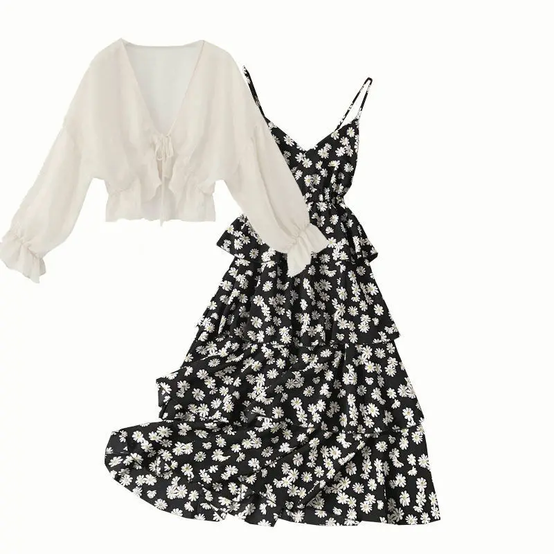 

2021 Summer New Fashion Sleeveless Floral Print Dress Set Bow Tie Chiffon Shirt Top Long Dress 2 Piece Set Women Dress Suits Q28