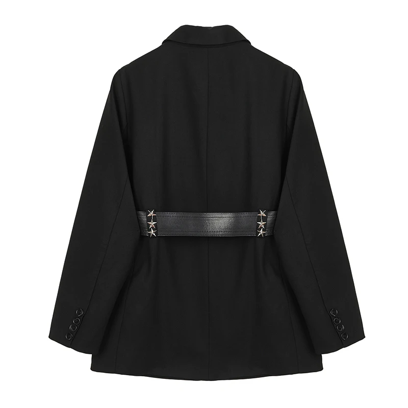 

[EAM] Women Black Temperament Rivets Belt Big Size Blazer New Lapel Long Sleeve Jacket Fashion Spring Autumn 2021 1DA751