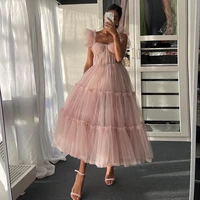 simple light pink short prom dresses spaghetti straps tiered tulle prom gowns sweeheart tea length wedding party dress
