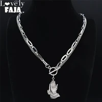 2022 pray christian with hands necklaces womenmen silver stainless%c2%a0steel double necklace chains jewelry collana uomo nk53s03