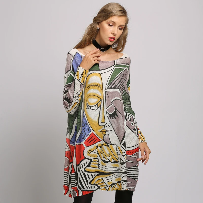 Women Oversized Sweater Printed Long Batwing Sleeve Pullovers and Sweaters Womens O Neck Knitted Casual Clothes | Женская одежда