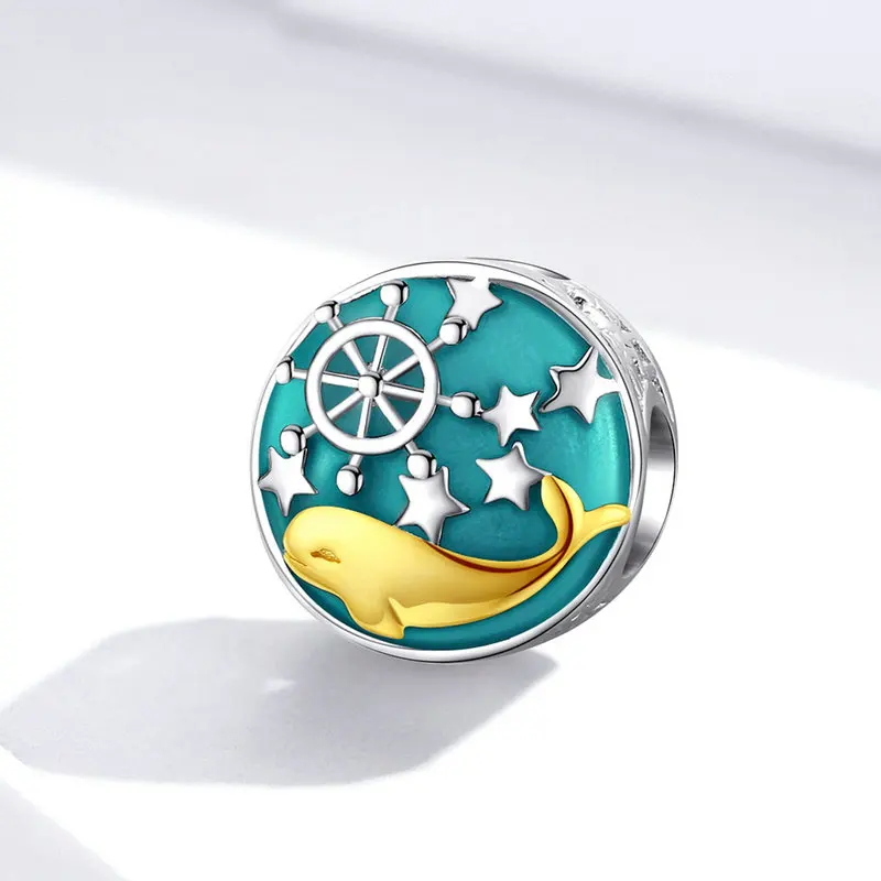 MOWIMO, 925 пробы, Серебряный КИТ, рыба, круглые синие Бусины, подходят для браслетов Pandora, амулеты, серебро 925, оригинальные ювелирные изделия Pandent BKC1296
