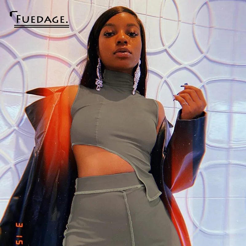 Fuedage однотонный Повседневный женский топ из двух частей и брюки без рукавов