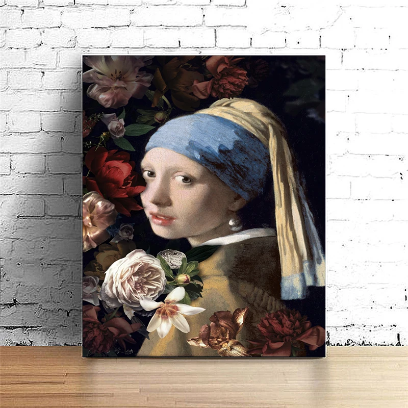 Цветок девушка с жемчугом Серьги Известный холст картины репродукции портрет