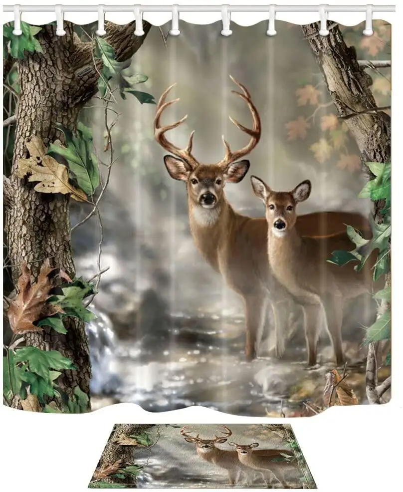 

Deer Themed Shower Curtain, White-Tailed Deer in The Foggy Forest, Polyester Fabric Bath Curtains Set with Non-slip Bath Mat Rug