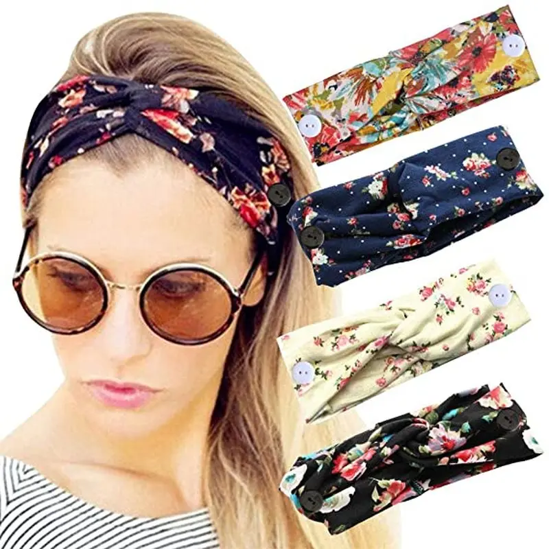 

4/8pcs Women Flower Headband Floral Prints Elastic Turban Cross Knot Hair Band Wide Stretch Girls Hairband Hair Accessories