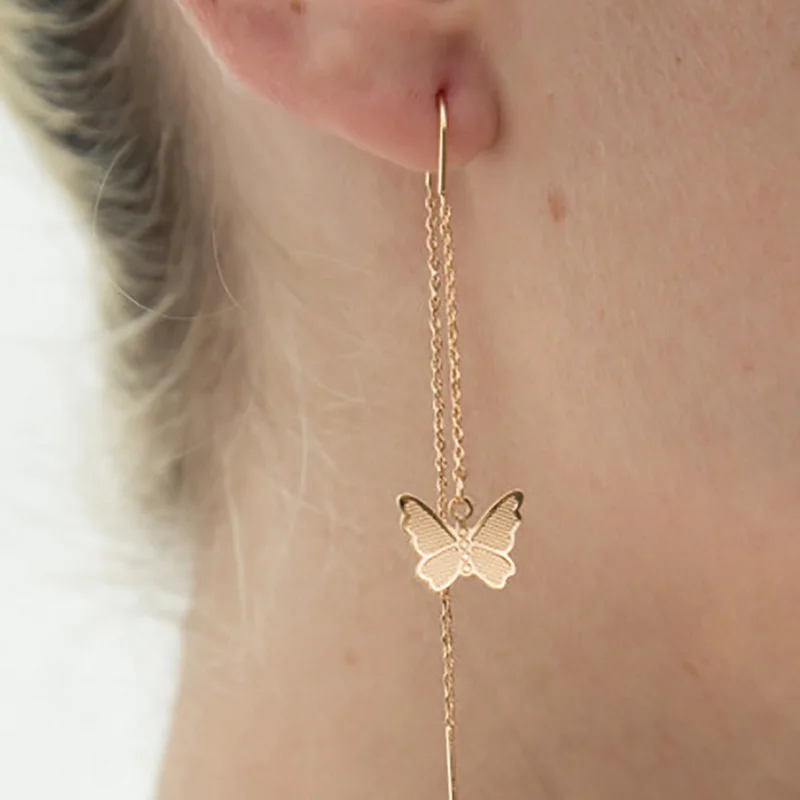 

2021 New Minimalist Long Tassel Dangle Drop Earrings Cross Heart Butterfly Hanging Ear Line Fashion Jewelry For Women Party Gift