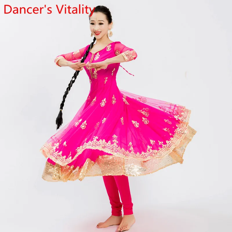

Women Adult Indian Dancing Embroidered Two-Layered Big Hem Dress Veil Pants Oriental Belly Dance Stage Wear Performance Costume