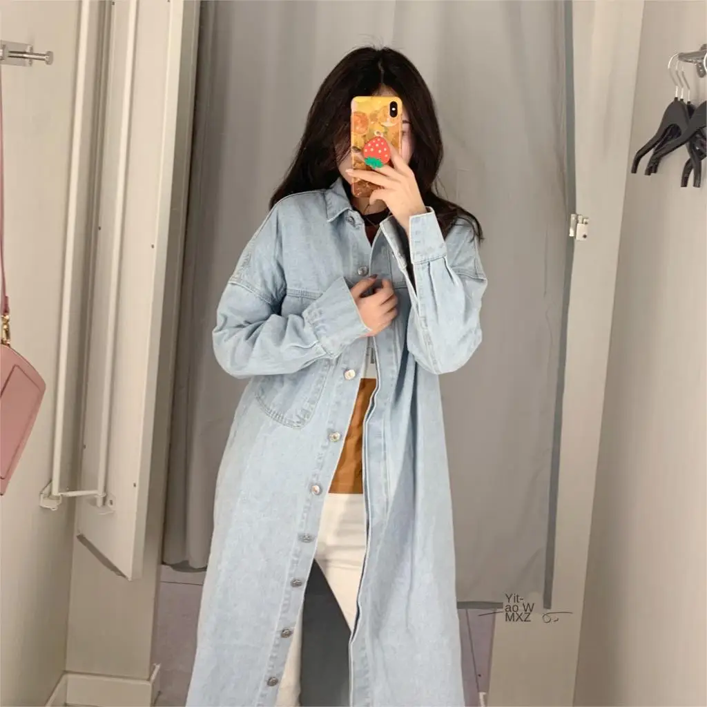 

Women's Rushed Full Twill Cotton Button Solid Trench Coat 2020 Spring New Casual Long Lapel Long-sleeved Loose Women