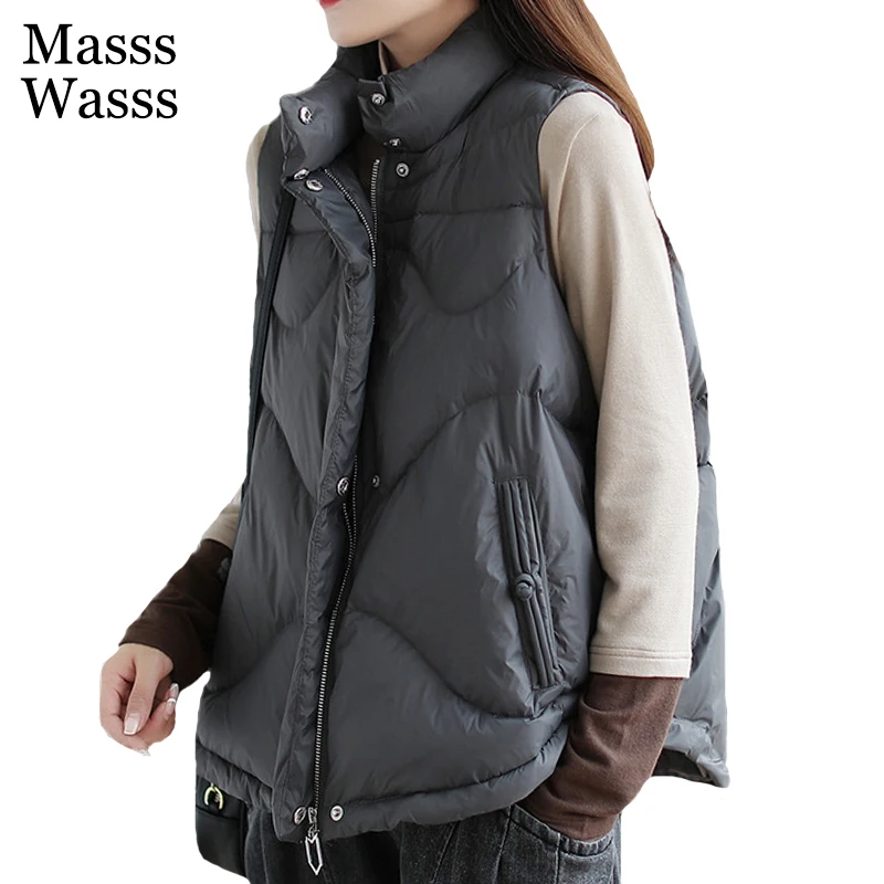 

Masss Wasss 2021 Winter British Design Vintage Pockets Womens Parkas White Duck Down Loose Waistcoats Warm Female Gothic Vest