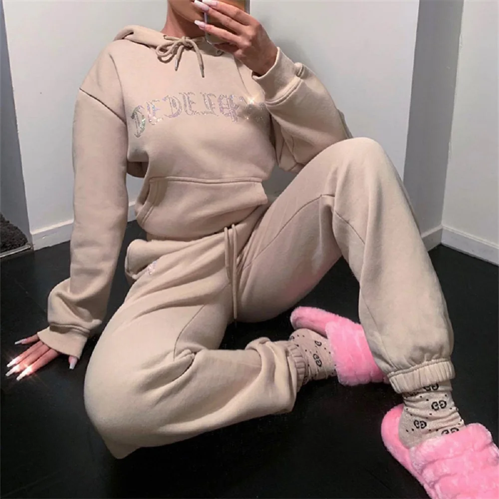 

Modx2021 autumn and winter new fleece hot drill letter solid color loose hooded cover fashion sports leisure suit women