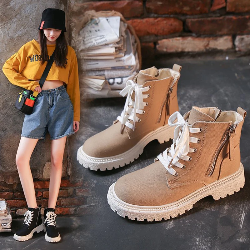 

2021 Women Autumn Fashion Lace Up Ankle Boots Female Original Platform Zip Booties Ladies New Rubber Casual Flat Shoes Plus Size
