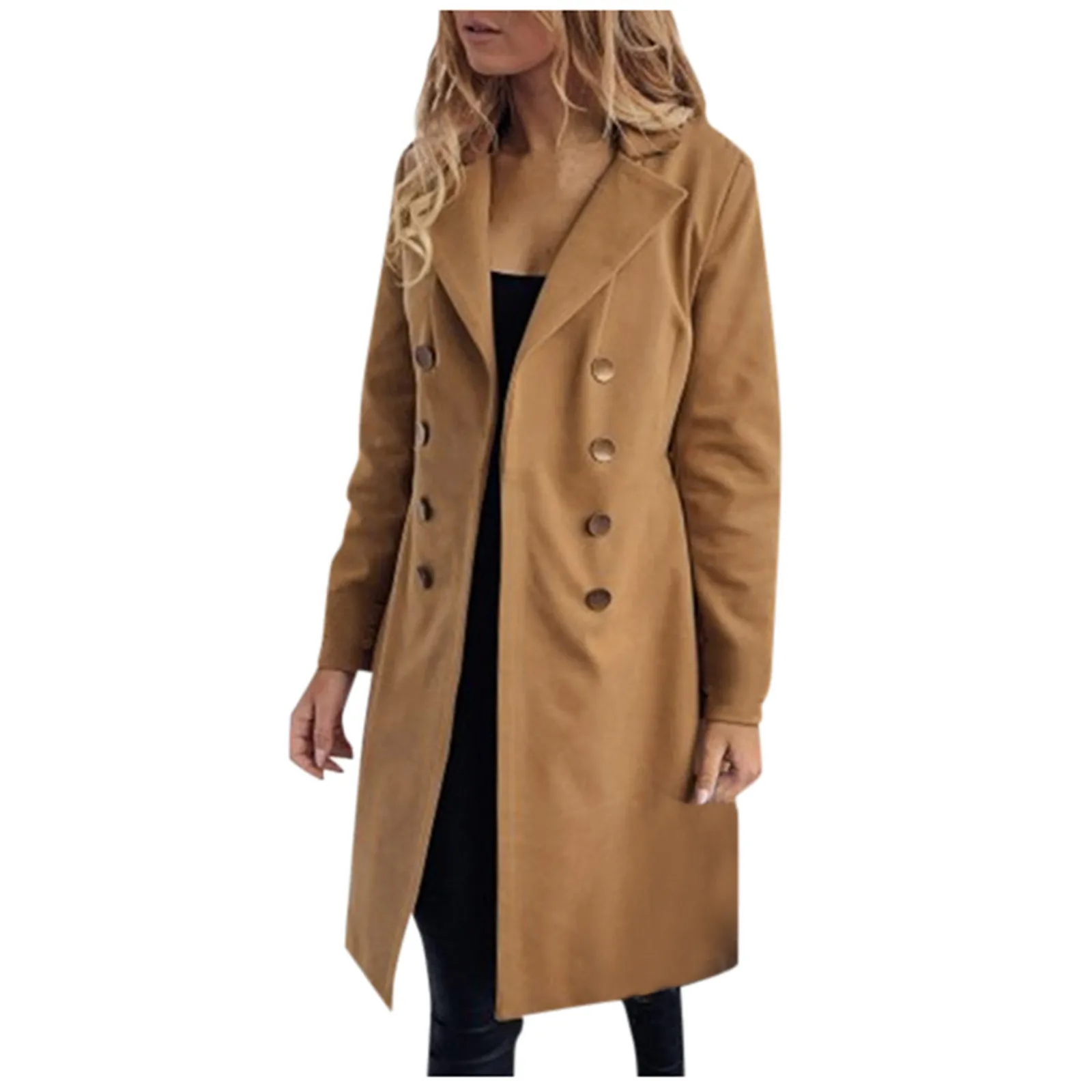 

Woman Artificial Wool Coat Elegant Blend Slim Female Long Lapel Coat Double Breasted Long Sleeve Outerwear Coat Jacket