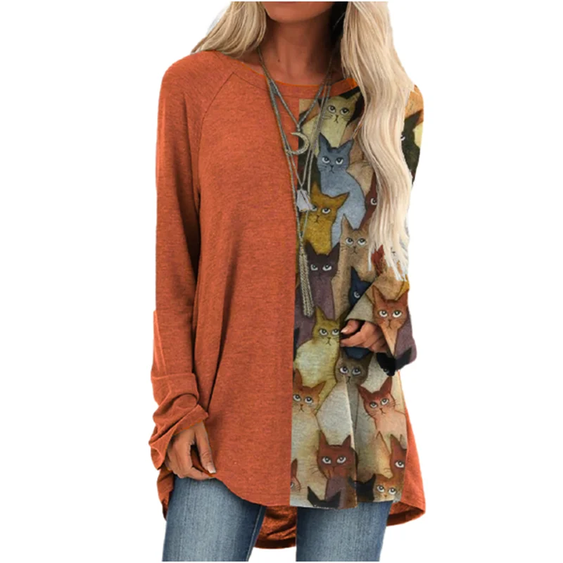 

2020 Autumn New Women Kawaii Cats Print Patchworked Long Tshirts Casual Loose O-Neck Long Sleeve Cartoon T-shirt Streetwear Top