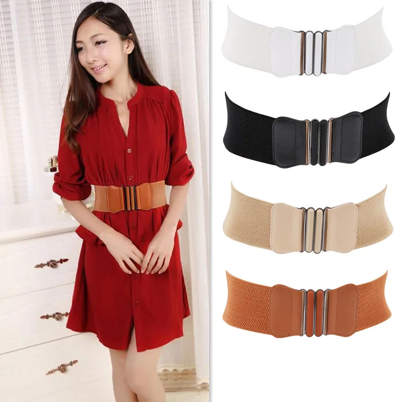 

Women Black Waist Belt Cummerbund Elastic Belt Square Buckle Dress Decorate Waistband Women Wide PU Leather Elastic Waistband