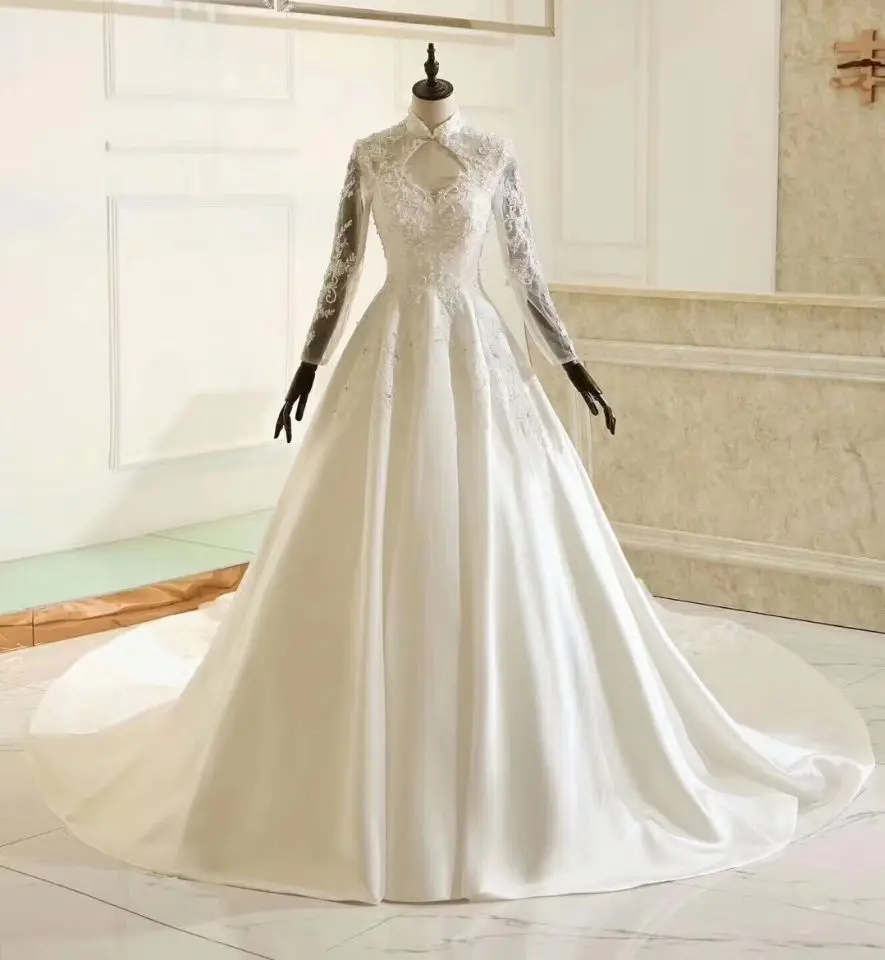 Кружевное свадебное платье с длинным рукавом V образным вырезом|Свадебные