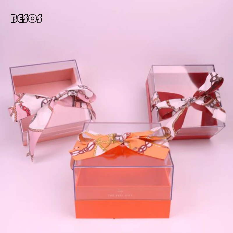 High End Fashion Orange Rose Gold Color Square Acrylic Ribbon Gift Box Party Wedding Promotion Candy Flower Cosmetics | Дом и сад