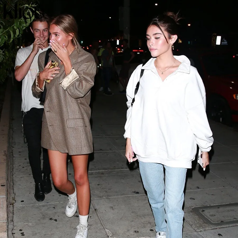Kliou уитев-шеи с длинным рукавом Чистый негабаритный Длинный свитер осень зима Женская мода уличная спортивная одежда Топы