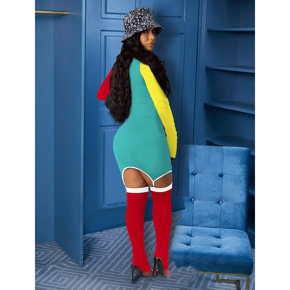 

Contrast Color Patchwork Club Party Dress with Socking Love Heart Letter Print Long Sleeve Skinny Dress Streetwear Slim Dresses