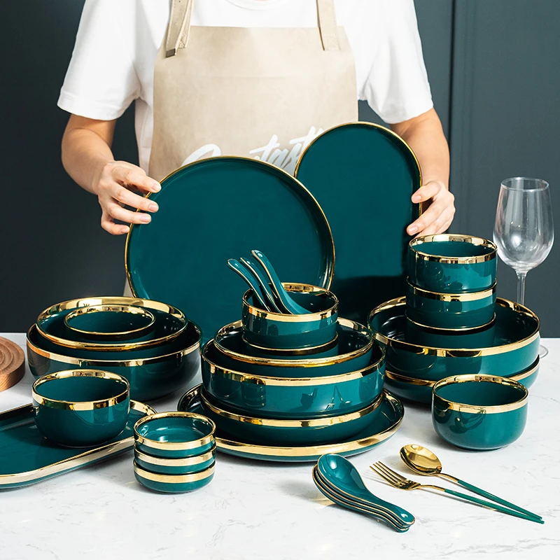 

Набор столовой посуды для 8 человек, 35 шт., зеленые керамические тарелки и миски, набор столовой посуды с ложкой, столовая посуда, тарелка для ...
