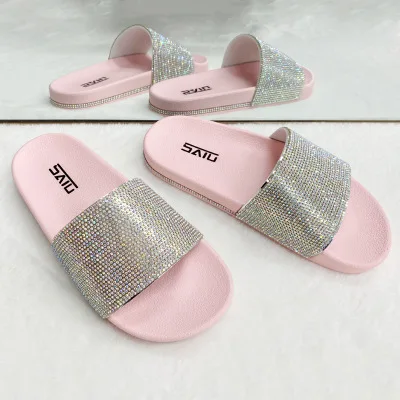 

2020 Women Summer Beach Slipper Rhinestones Bohemian Mix-color Sandals Handmade crystal thick Bottom Outdoor Casual Slippers
