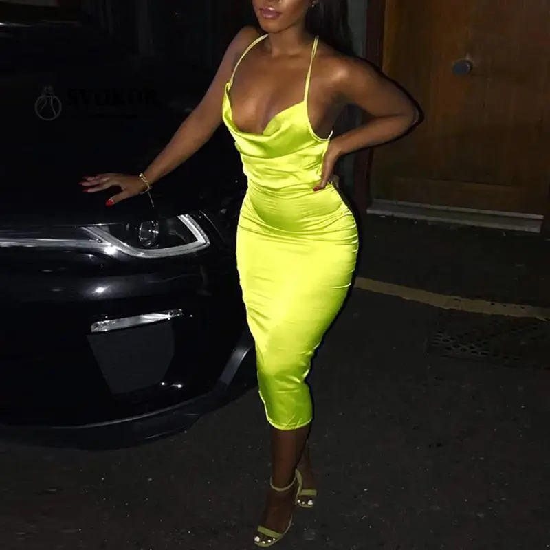 

SVOKOR Cross Bandage Satin Midi Dress Women Elegant Irregular Collar Bodycon Dress Sexy Backless Party Club Clothes Women