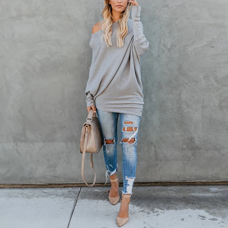 Meyooe женский сексуальный свитер вязаный с открытыми плечами вырезом лодочкой