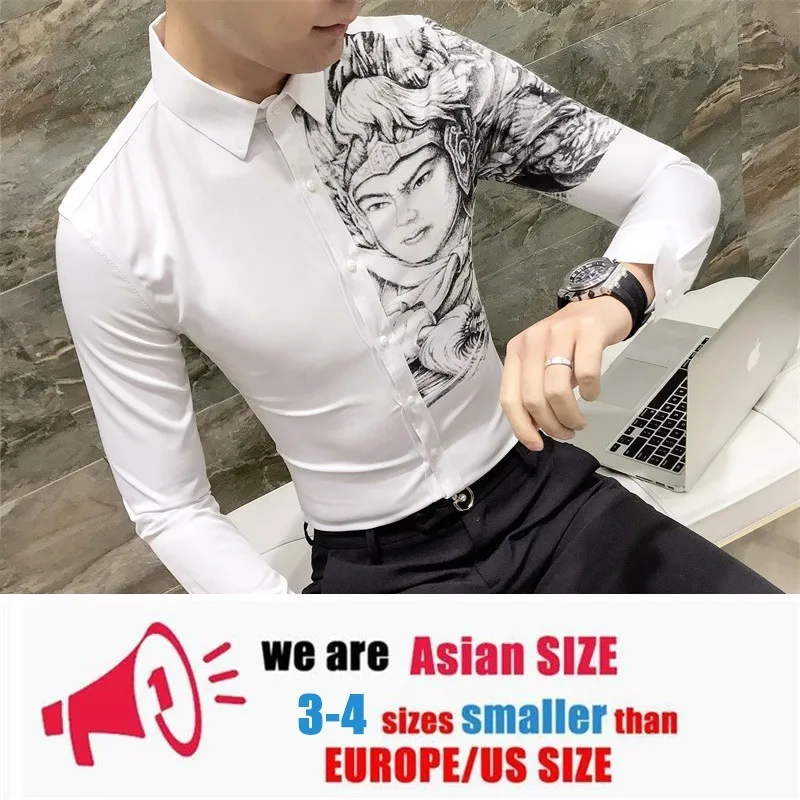 white Платье рубашка Корейская одежда мужская рубашка camisa social Повседневная приталенная мужская с принтом вечерние рубашки для клуба Camisa Masculina - Цвет: white