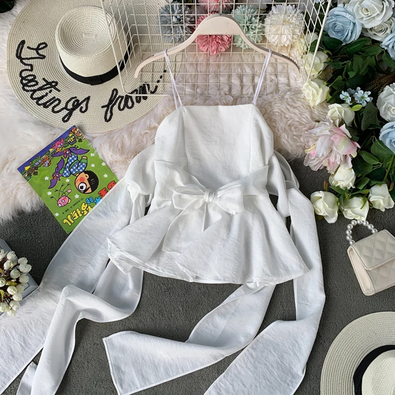 Heliar женские блузки с открытыми плечами бантом на тонких бретельках Harajuku белая