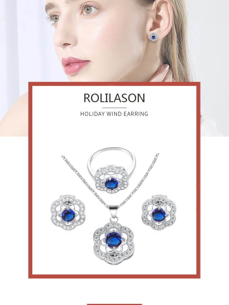 Top quality Blue flower Zircon Silver Fashion jewelry AAA zircon Jewelry Sets Earrings Necklace rings sz #7 #8 #9 JS554 | Украшения и