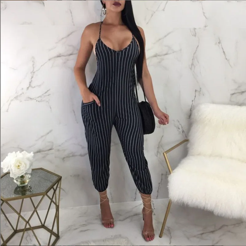 

Женский Летний комбинезон в полоску, с V-образным вырезом