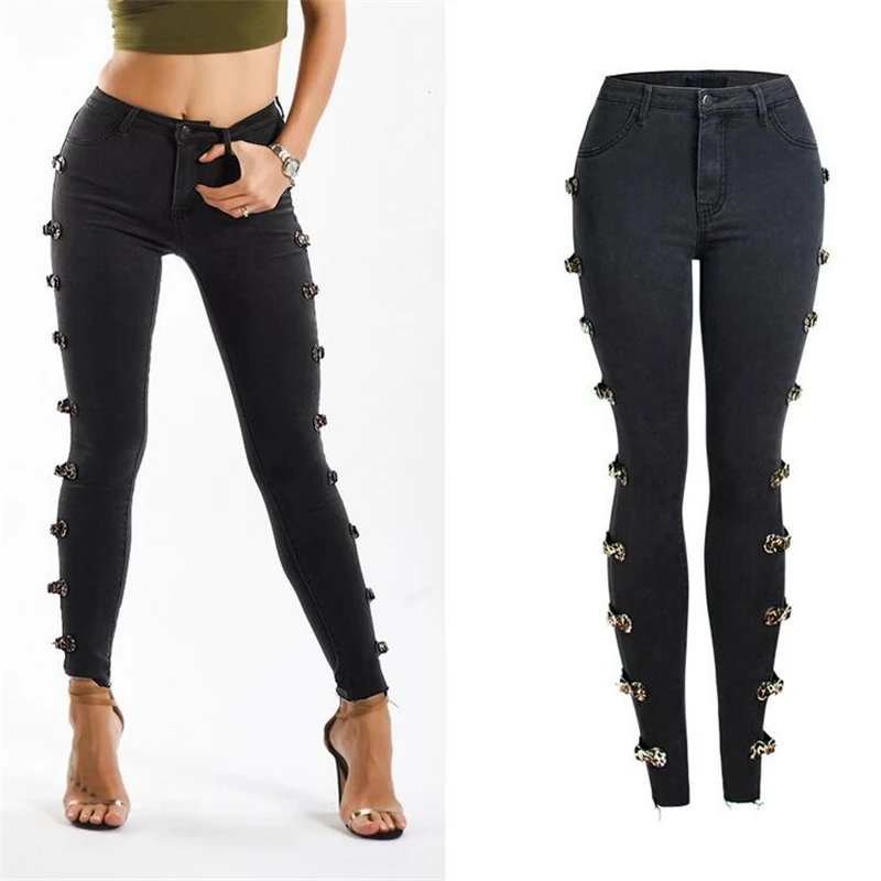 

Женские узкие джинсы-карандаш, повседневные джинсы большого размера для мам, дизайнерские джинсы с металлической боковой пряжкой, женские ...