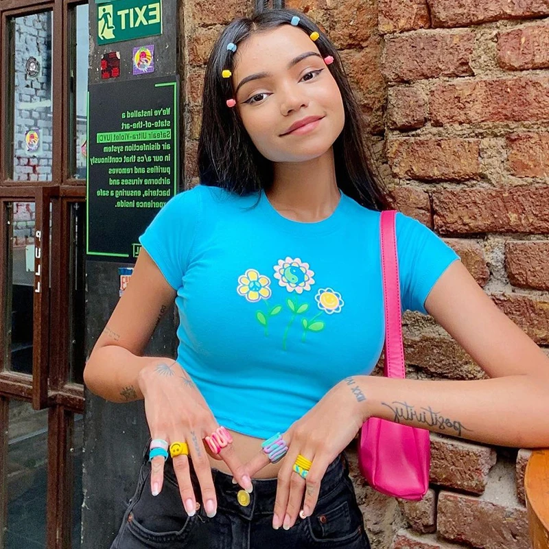 

Rockmore Floral Graphics T-shirt Women Short Sleeve Crop Top Y2K Casual Baby Tee Korean Harajuku Summer Print T Shirt Streetwear