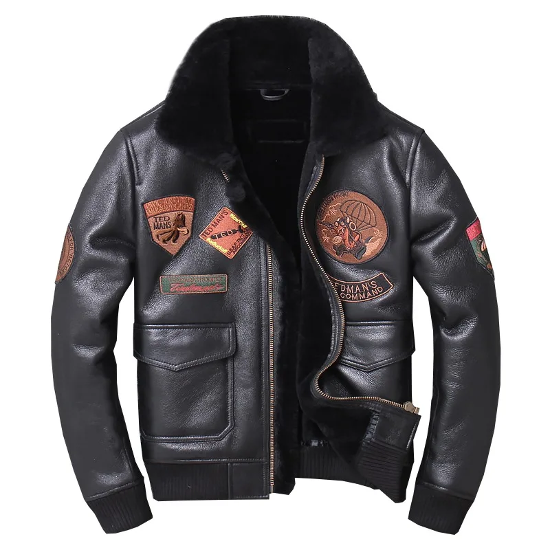 

Factory 2019 Men Shearling Flight Jacket Top Gun Air Force Pilot Jackets Wool Liner Sheepskin Bomber Coat Russia Winter Coats